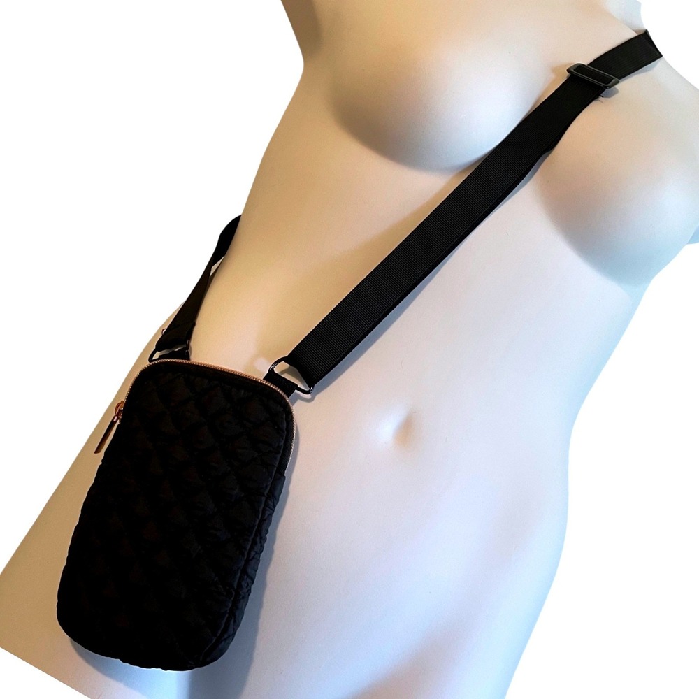 Quilted Crossbody Bag Black & Rose Gold Zipper Phone Purse Travel Festival